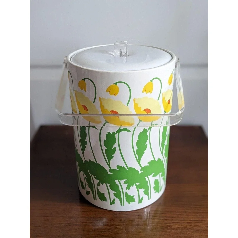 Vtg 1970s Ice Bucket Yellow Poppies Floral Print Padded Vinyl Retro Mid Century